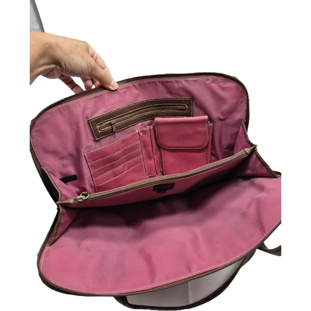 Wilsons Leather Pelke Studio Laptop Tote Bag Pink & Brown Shoulder Straps Work
